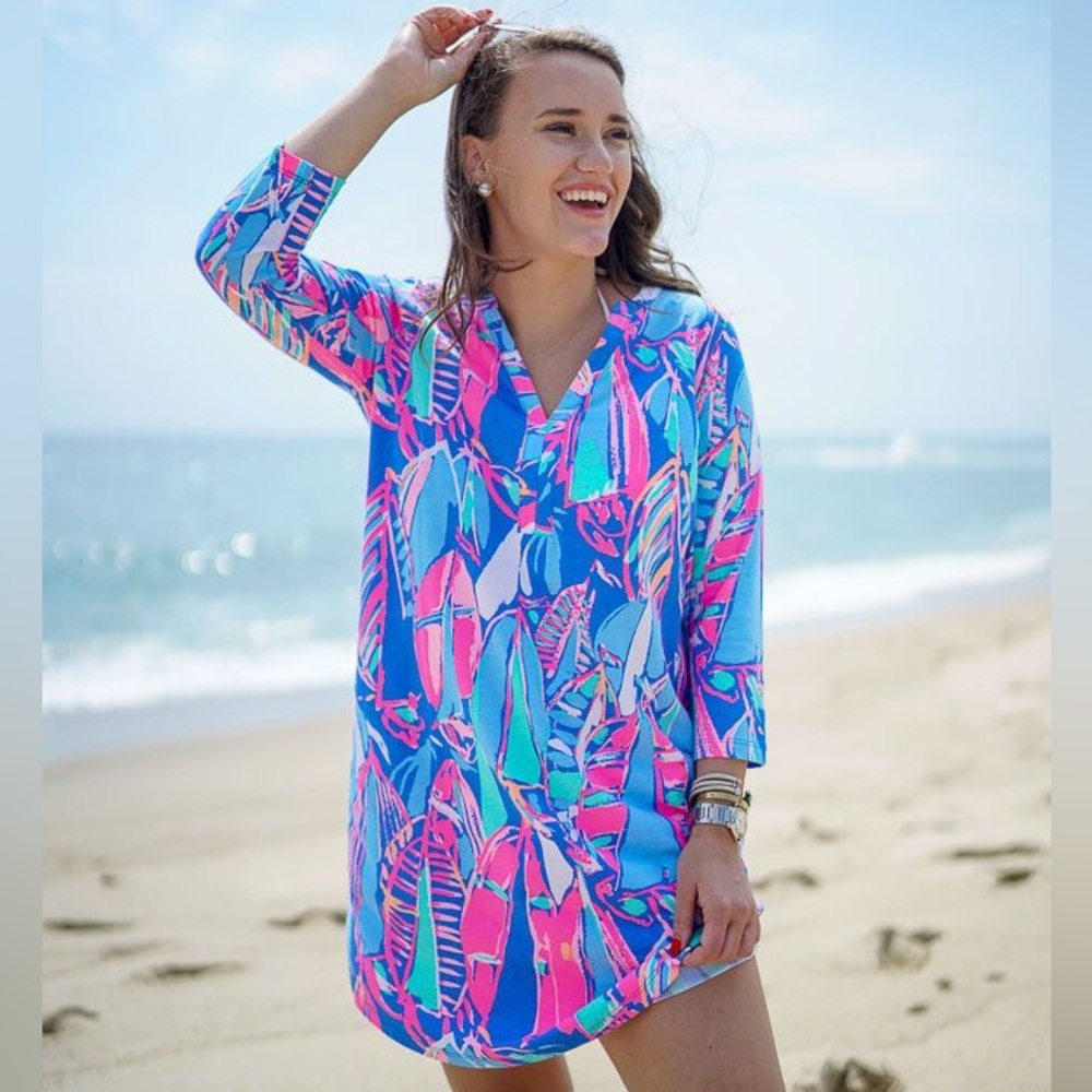 Lilly Pulitzer Ali V Neck Long Sleeve Tunic Dress in Out to Sea Bay Blue Size XS